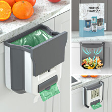 Gintan 2.4 Gallons Foldable Kitchen Door Bin,Hanging Trash Bin with Lid, Compost bins for Kitchen/Camping/RV/Car/Bathroom/Office/Bedroom (Grey)