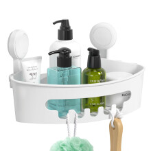 ilikable Corner Shower Caddy Vacuum Suction Cup Organizer No-Drilling Removable Shower Shelf with Hooks Wall Mounted Storage Basket for Shampoo Condi
