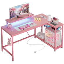 Bestier L-Shaped RGB Gaming Desk 132CM with Power Outlets & USB, Reversible Corner Setup with Shelves & Hooks, LED Workstation for Gaming Room or Sma
