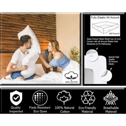 Extra Deep Fitted Sheet 40CM Deep Fully Elasticated 100% Egyptian Cotton 200 Thread Count (White, Double) 2