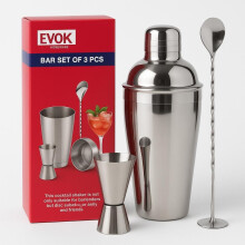 EVOKK Cocktail Shaker Set, 3 Pcs Satinless Steel Cocktail Making Set with 750 ml Shaker, Double Jigger 25 & 50 ml & 27.5cm Mixing Spoon, Baternder Co