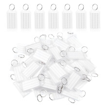 ONB7-100Pcs White Plastic Key Tags with Labels, Fobs Split Ring and Flap Label Window for Keys, Pets, Luggage