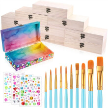 ONB7-10PCS Unfinished Wooden Box for Crafts,with 10 Paint Brush 3 Stickers, DIY Make Your Own Gift Keepsake Box, Jewelry