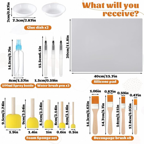 ONB7-20 Pack Decoupage Tool,Silicone Table Mat,Foam Brushes, Brushes,Water Pens,Glue Container Bowl, Bottle 2