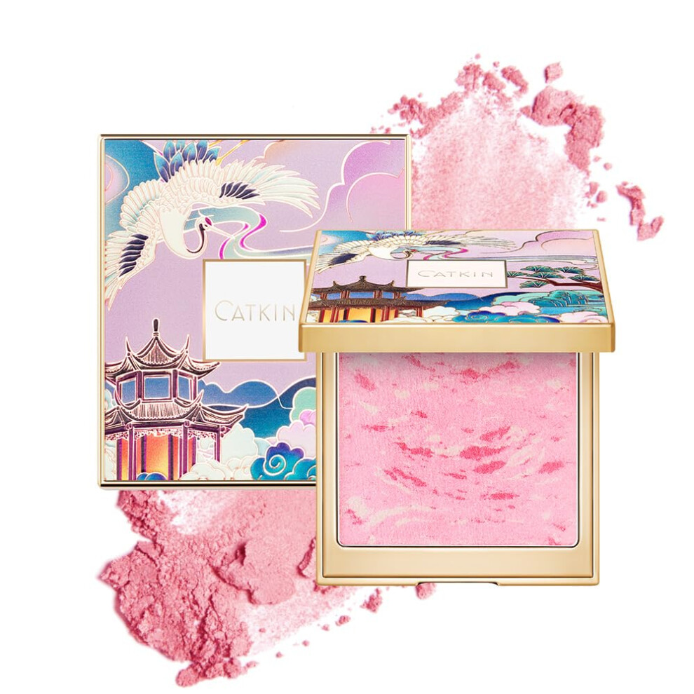 Catkin Powder Blush, Blusher & Highlighter Make Up For Cheeks, Highly Pigmented And Buildable, Nude Coral Pink Shimmering Blush Creates A Lightweight