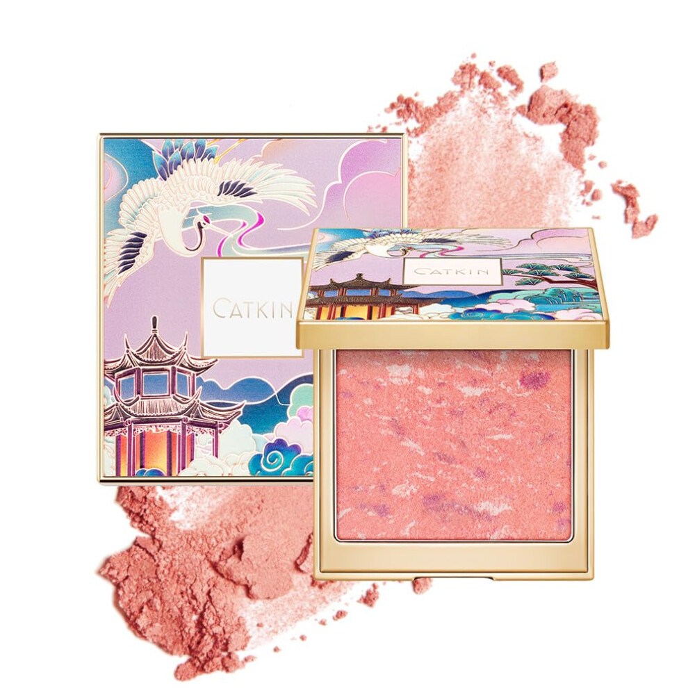 Catkin Powder Blush, Blusher & Highlighter Make Up For Cheeks, Highly Pigmented And Buildable, Nude Coral Pink Shimmering Blush Creates A Lightweight