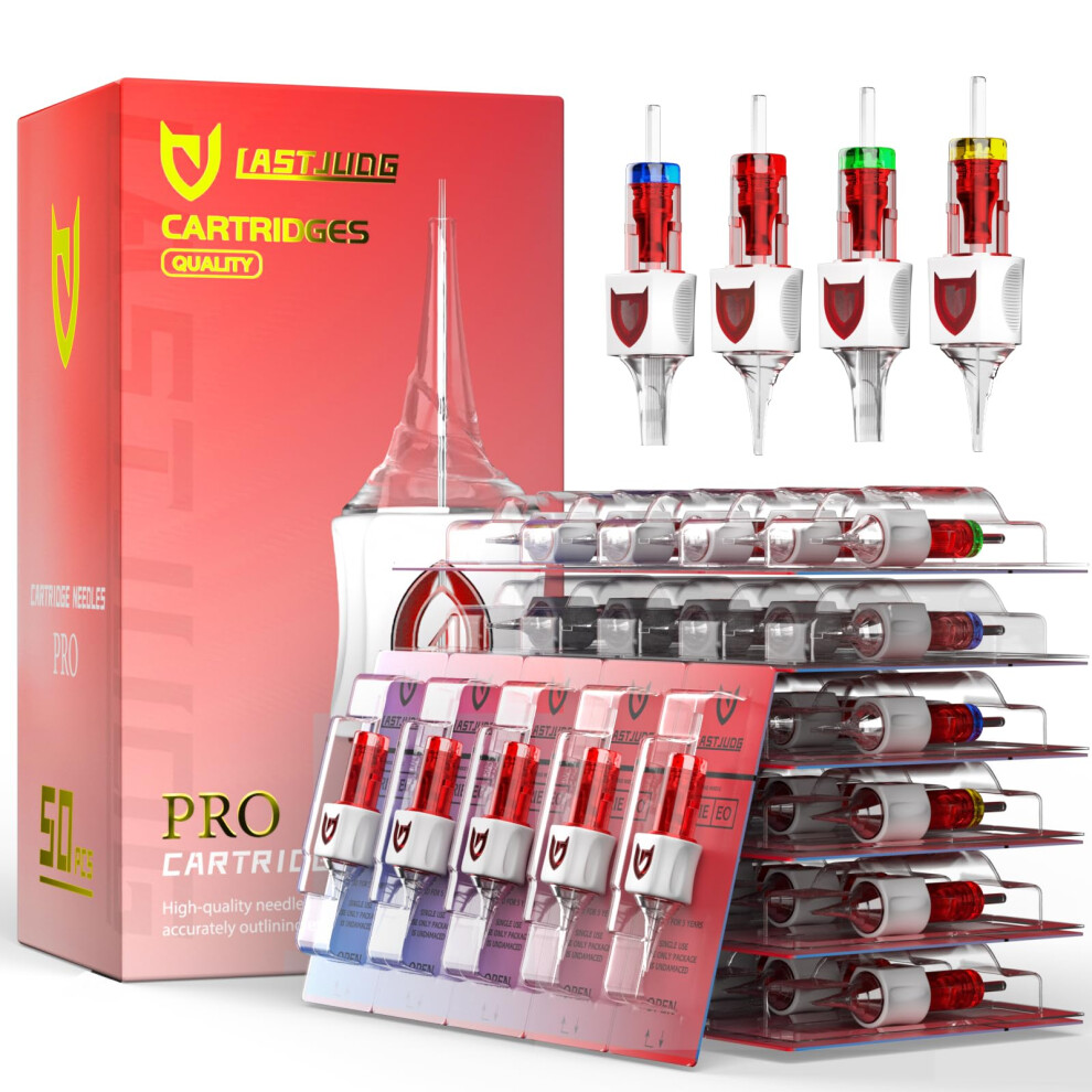 Poseidon Professional Tattoo Cartridges Needles 50-Pack, Assorted Sizes Round Liner Shader Magnum, 3Rl/5Rl/7Rl/9Rl/7Rm/9Rm/11Rm/7M1(#10), 5Rs/9Rs(#12),