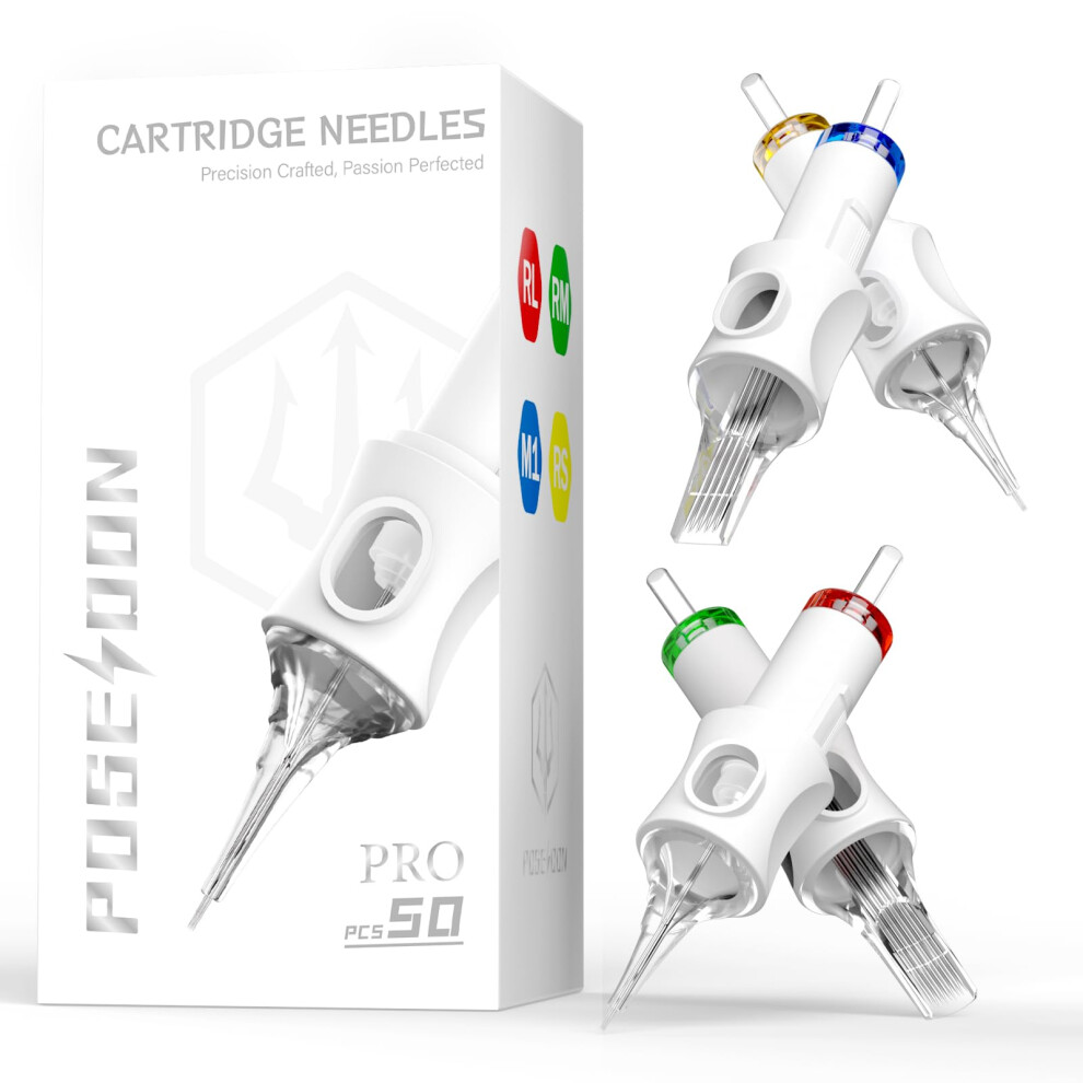 Poseidon Professional Tattoo Cartridges Needles 50-Pack, Assorted Sizes Round Liner Shader Magnum, 3Rl/5Rl/7Rl/9Rl/9Rm/11Rm/15Rm/7M1(#10),
