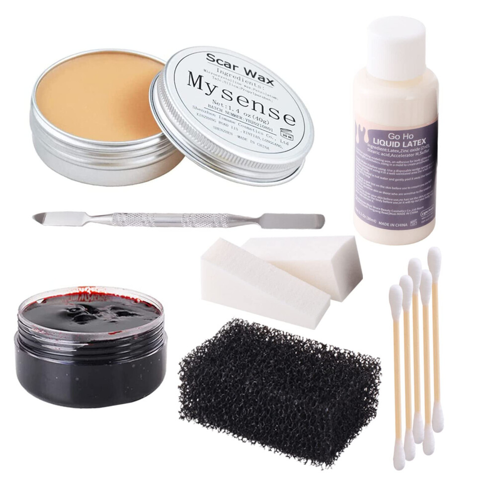 Mysense Liquid Latex Scar Wax Sfx Makeup Kit For Fake Scars Wounds Burns With Coagulated Blood Gel And Spatula Sponges Q-Tips