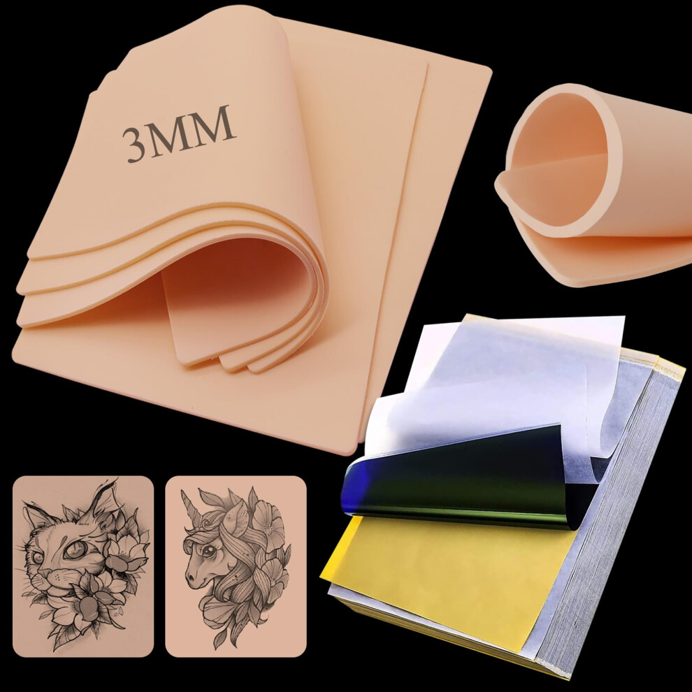 Rayyl Tattoo Fake Skin 3Mm With Transfer Paper - 23Pcs Tattoo Practice Skin And Stencil Paper Including 3Pcs Double Sided Blank Tattoo Fake Skin And