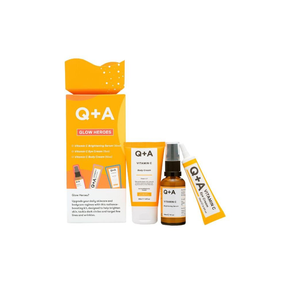 Q+A Cream Glow Heroes Skincare Giftset - Radiance-Boosting Trio With Vitamin C Brightening Serum 30Ml, Eye 15Ml & Body 50Ml - Brighten And