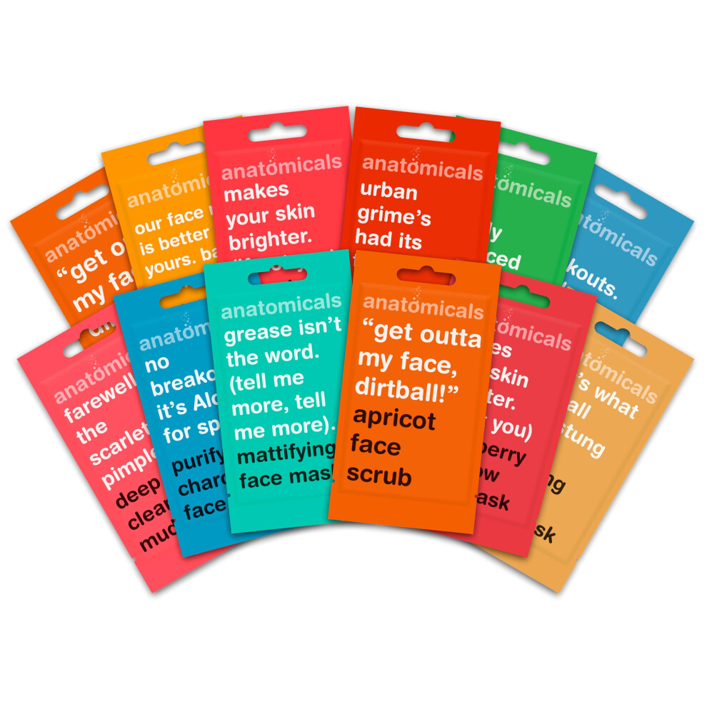 Anatomicals 12-Pack Face Mask Skincare Set ? Hydrating, Brightening, Anti-Acne & Clay Masks For Women & Men ? Deep Cleansing, Oil Control, Pore