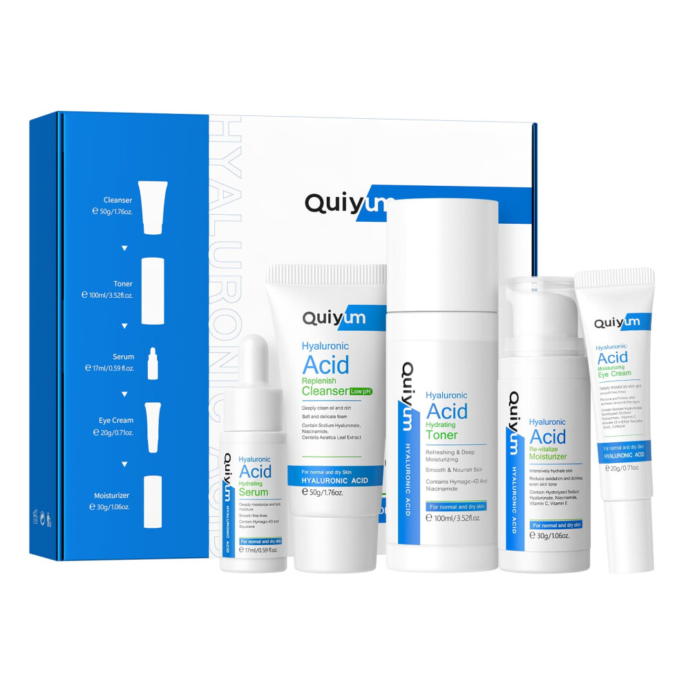 Quiyum Cream Hyaluronic Acid Skincare Set, Hydrating Face Care Kit For Dry & Normal Skin, Facial Cleanser,Toner,Serum,Eye ,Face Pamper Gift Set