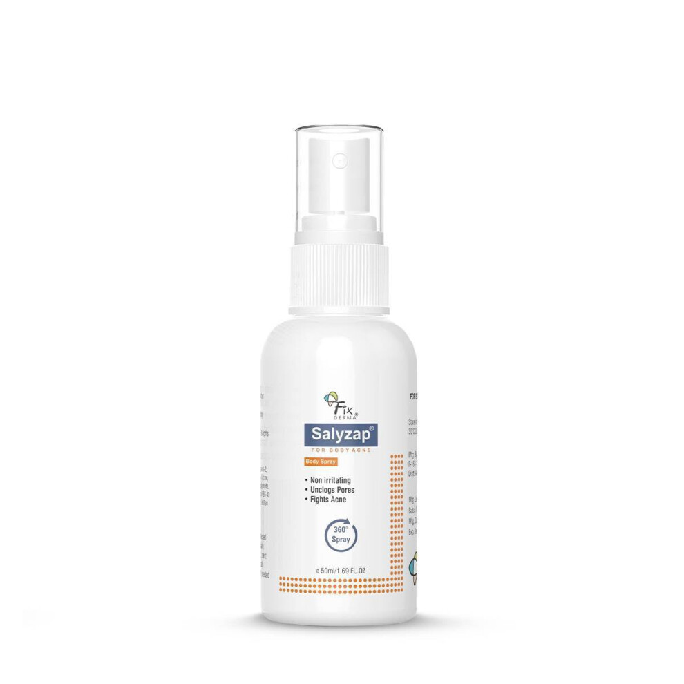 Fixderma 2% Salicylic Acid Salyzap Body Acne Spray For Acne On Back, Shoulders, Neck & Chest | Body Acne Spray To Improve Breakouts, Blemishes &