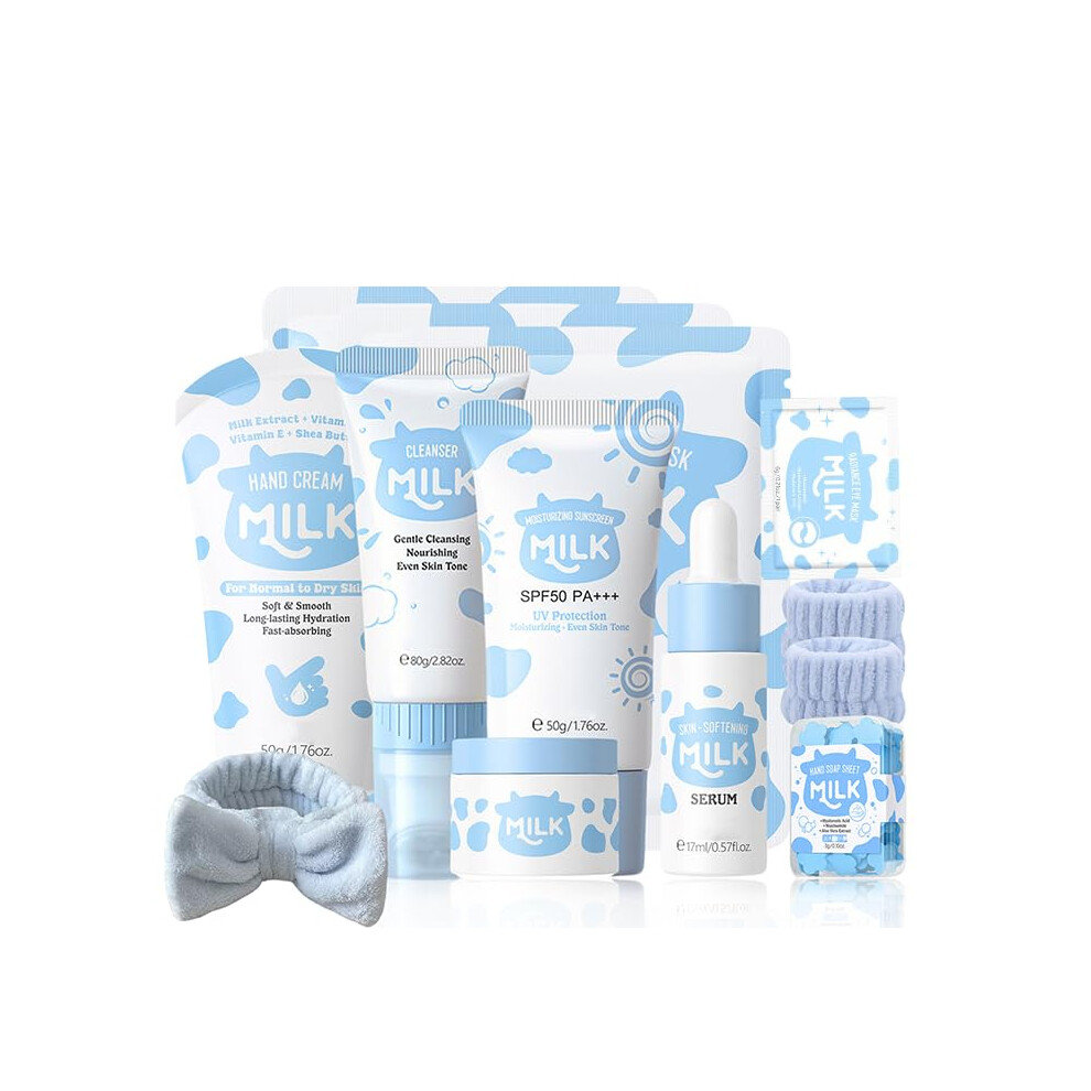 Mrcuvaryas Milk Skin Care Sets&Kits, Milk Beauty Gift Sets For Teenage Girls, Skin Pamper Gifts, Facial Skincare Kit With Cleanser,Serum,Cream,Eye & Face Mask,