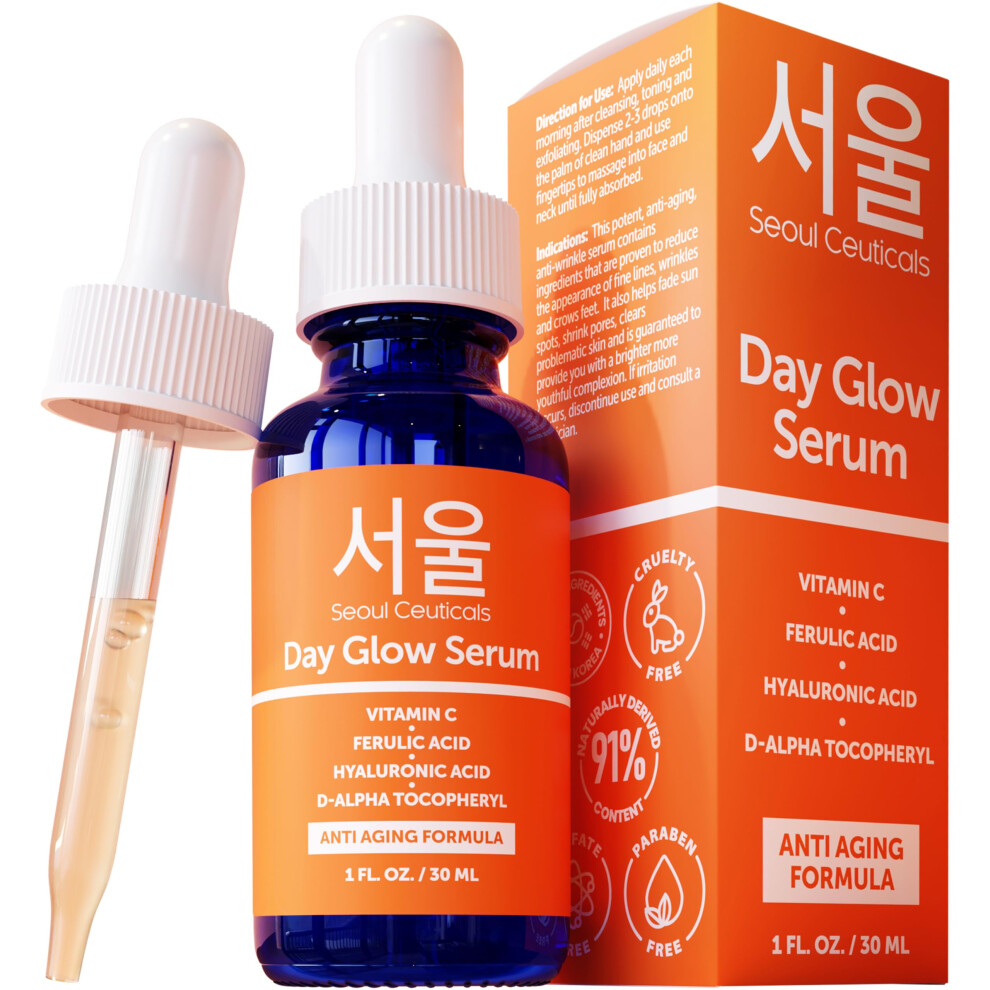 Seoulceuticals Korean Skin Care 20% Vitamin C Hyaluronic Acid Serum + Ce Ferulic Acid - Potent Anti Aging, Anti Wrinkle Korean Beauty 1Oz