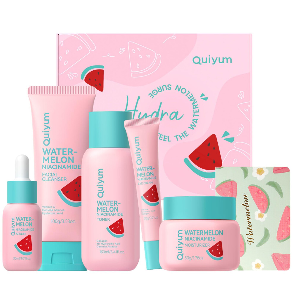 Quiyum Watermelon Skincare Set, 5Pcs Hydrating Daily Face Care Kit With Niacinamide, Hyaluronic Acid & Collagen For Radiant & Smooth, Christmas