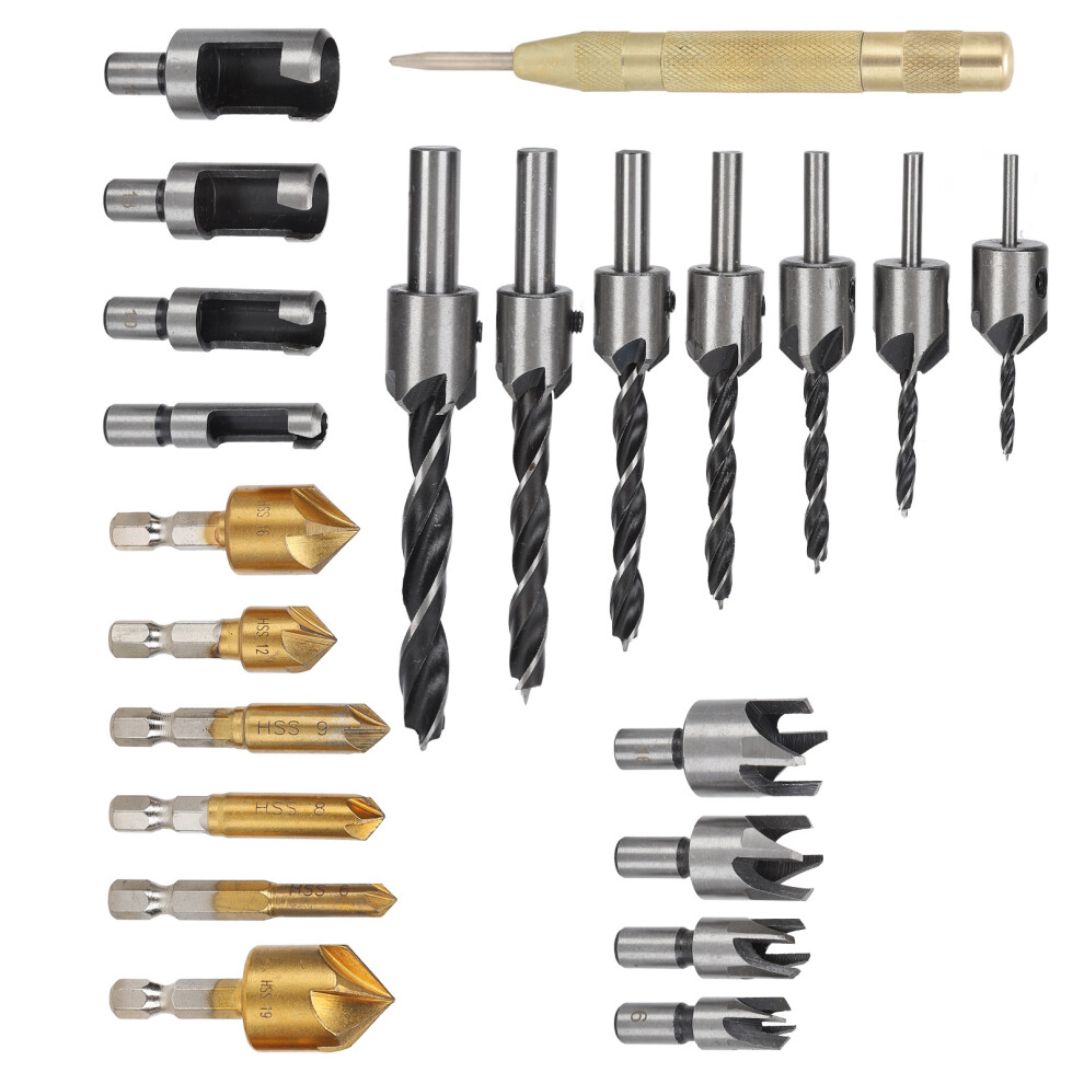 23Pcs Wood Chamfer Tool Set With Plug Cutters & 5 Flute Countersink Bits 4061376554975