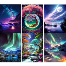Mrnsiet 6 Packs Paint by Number for Adults,DIY Aurora Landscape Paint by Number Kits for Adults Beginners,Watercolor Oil Painting Craft Art for Home