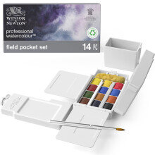 Winsor & Newton, Professional Watercolour Field Box, 12 x Half Pans PLUS 1 x Travel Brush + Artists' Sponge + 35ml bottle + Water Container