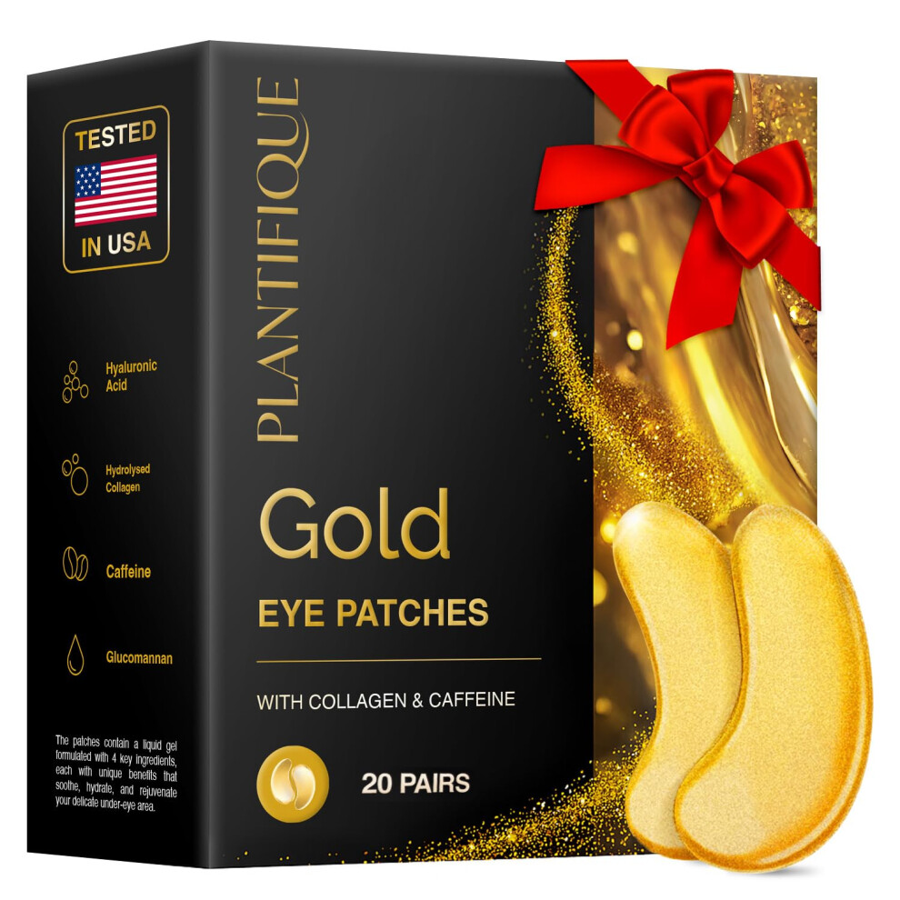 Plantifique Gold/Dark Under Eye Gel Patches, 20 Pairs Under Eye Patches For Circles With Collagen & Caffeine, Cooling Eye Mask For Puffy Eyes And