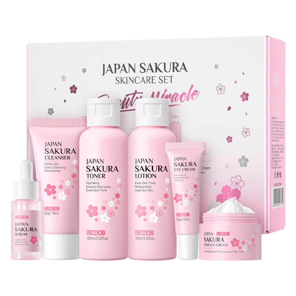 Laikou Skincare Set, Japan Sakura Skin Care Sets & Kits - Cleanser, Toner, Lotion, Serum, Eye Cream, Face Cream, Travel Gift Sets For Women Teenage