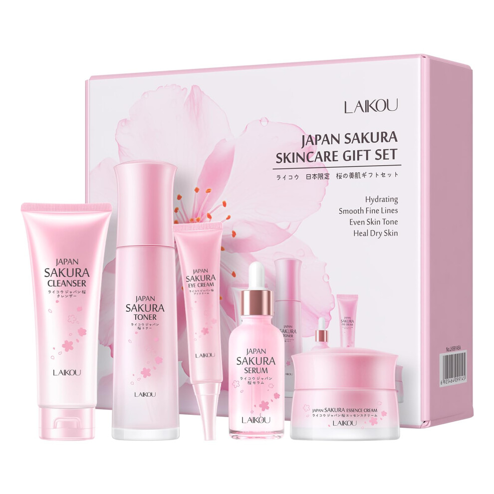 Laikou Sakura Skincare Gift Set: Luxury Glass Bottle Kit For Women & Teenage Girls, Cleanser, Toner, Serum, Eye Cream & Moisturizer