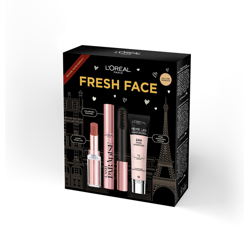 New L’oréal Paris L'or?Al Paris Fresh Face Primer, Lipstick & Mascara Trio Gift Set Prime Lab 24H Pore Minimiser Primer, Hydrating Balm-In-Lipstick In 191 Nude Heaven &