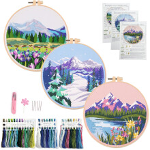 Myfelicity Embroidery kit, 3 Sets of Landscape Pattern Embroidery Materials, Including Patterned Embroidery Cloth, Embroidery Thread, Needle and Hoop
