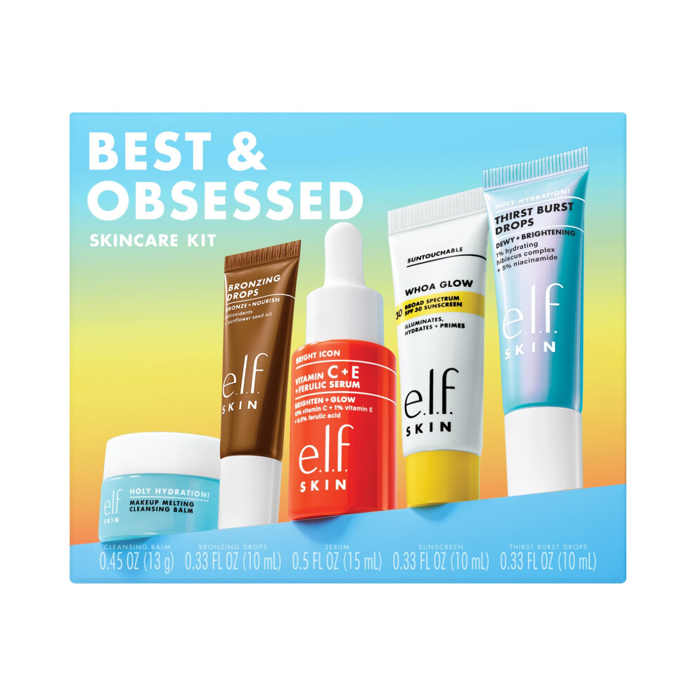 E.l.f. Skin Best & Obsessed Skincare Kit, Travel-Size Makeup Remover, Sunscreen & Brightening Serums For Glowy Skin, Vegan & Cruelty-Free