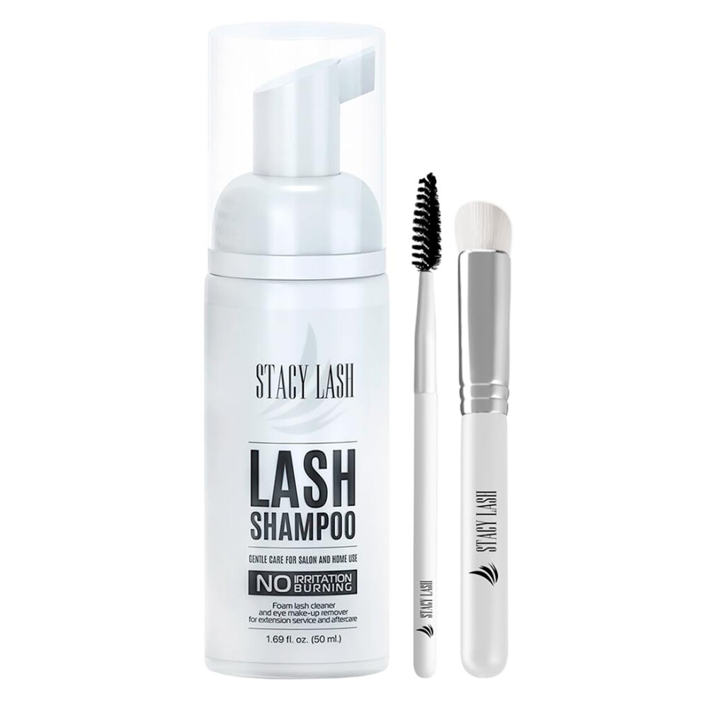 Stacy Lash Eyelash Extension Shampoo + Brush / 1.69 Fl.oz / 50Ml / Eyelid Foaming Cleanser/Wash For Extensions & Natural Lashes/Safe Makeup