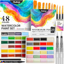 Chalkola Professional Watercolor Paint Set - 48 Semi Moist Water Colors Paint Adult Set, XL Pans | With Painting Brushes, Water Color Pad & Art