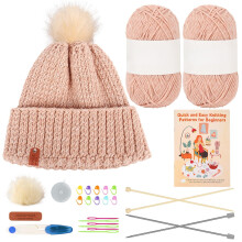 Reessy Knitting Kits for Beginners Adults, Beanie Hat Knitting Starter Kit for Adults Learning to Knit Include Knitting Book 2 Pairs Knitting Needles