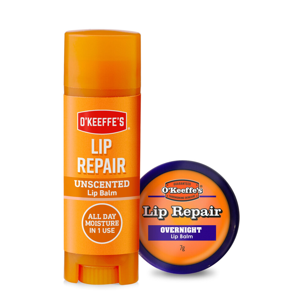 O'keeffe's Lip Repair Lip Balm Unscented 4.2G & Lip Repair Overnight 7G (Twin Pack)