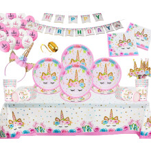 Unicorn Party Birthday Decoration Set Unicorn Paper Plates Cups Napkins Tablecover Birthday Banner Paper Straws-Serves 16 Guests