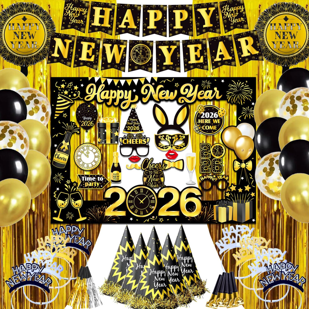 New Year Decorations Set 2025, Giant Happy New Year Banner, Selfie Frame, Photo Booth Props, Headband, Party Blowers, Latex Balloons 5051222031476