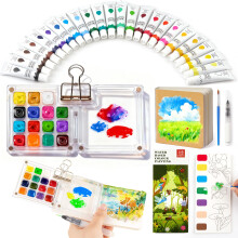 Mexlyca Mini Watercolor Paint Set, Palette Travel Kit, Pocket Watercolor Travel, Pocket Watercolor Set with 24 Colors Paint, Brush, Binder Clips,