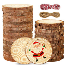 Hafuvool Wood Slices for Crafts 35Pcs 9-10cm Log Slices Unfinished Predrilled Wooden Discs with Twine, Wood kit Wooden Circles Slices for DIY