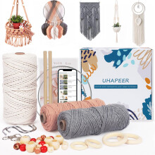 UHAPEER DIY Macrame Kit, 656 Feet Macrame Cord Kit for Beginners Adults with Instructions, Natural Cotton, Wood Rings, Wood Sticks, Colour Beads, Wall