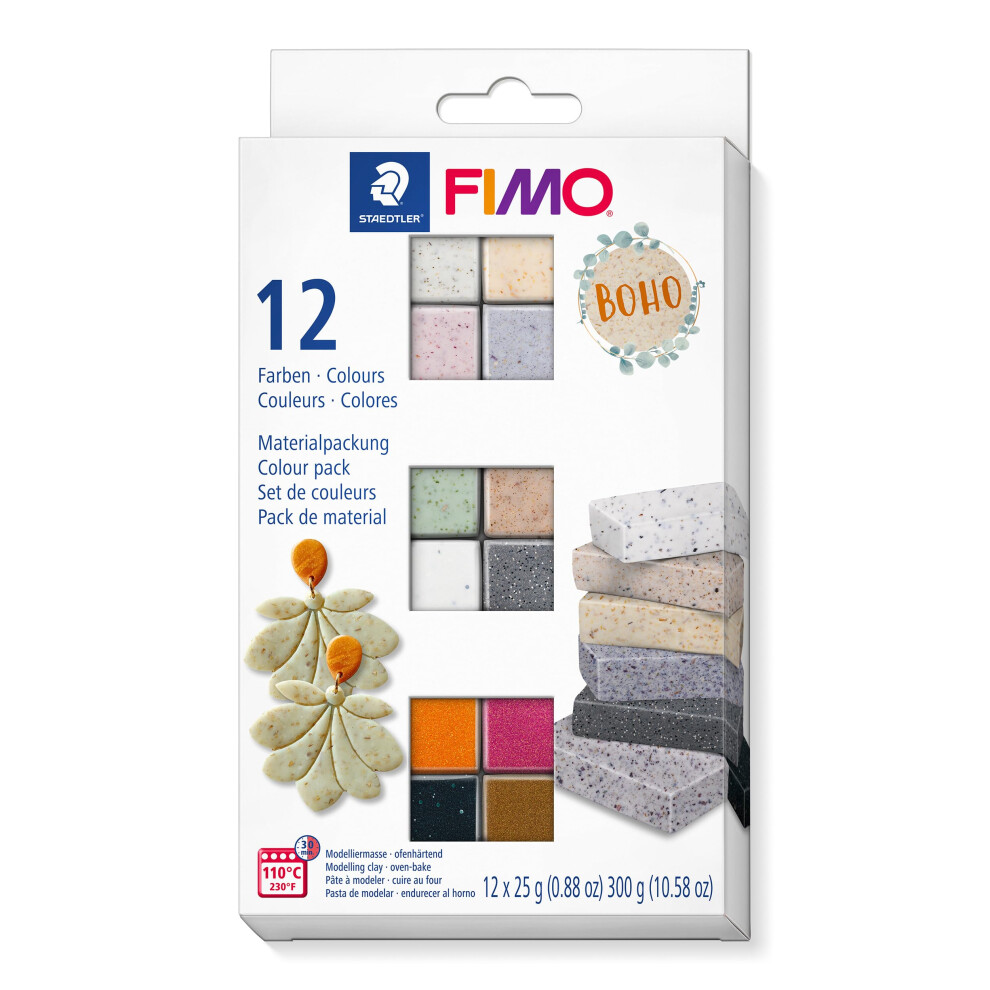 Staedtler 8013 C12-5 Fimo Effect Oven-Hardening Polymer Modelling Clay - Boho, Assorted Colours (Pack Of 12 X 25G Half Blocks)