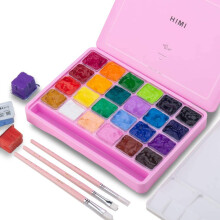 HIMI Gouache Paint Set, 24 Colours x 30ml with 3 Brushes & a Palette, Unique Jelly Cup Design, Non-Toxic, Guache Paint for Canvas Watercolour Paper -