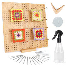 Reessy Crochet Blocking Board Large, 13inch Granny Square Blocking Board with 30 Steel Rods & 1 Spray Bottle, Wooden Blocking Board Pegs for Knitting