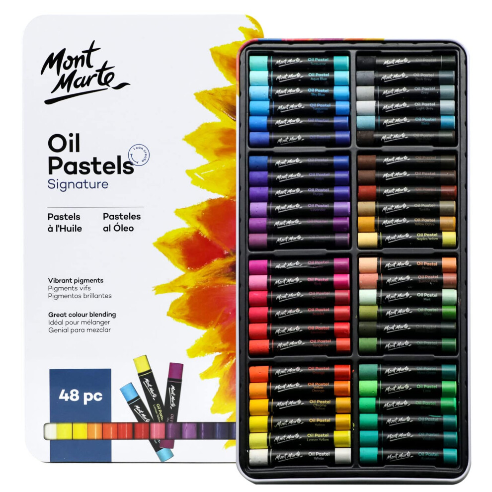 MONT MARTE Oil Pastels in Tin Box Signature 48pc, 48 Assorted Colours, Vibrant Oil Pastel Set, Great Blending and Layering, Comes in Storage Case,-image-OPC-PQCP527-NEW