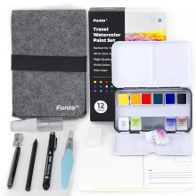 Funto Travel Watercolour Set, 12-Colour Paint, 10 Premium Postcards, Travel Brush, Water Brush Pen, Fineliner, Pencil, and Spray Bottle, Painting Set