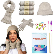 Kaaper Beginner Knitting Kit for Adults & Kids, Learn to Knit Crochet Starter Kit in Khaki with Scarves, Hats & Gloves Knitting Includes Wool Yarn,