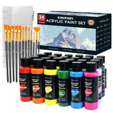 KINSPORY Acrylic Paint Set 24 x 60 ml with 12 Brushes and Palette - Water-Resistant, Assorted Colors for Beginners, Artists, Kids - Multi-Surface Art