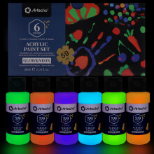 Artecho Acrylic Paint Set for Art Painting, Decorate, 6 Neon and Glow in the Dark Colors 2-in-1 2 Ounce/59ml Acrylic Paint Supplies for Wood, Fabric,