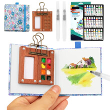 Mini Watercolour Paint Set Travel Watercolour Set,8 Grids Wood Pocket Artist Palette Kit with Metal Clip,12 Colors for Pocket Artist Watercolour Gift