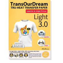 TransOurDream Tru-T Shirt Transfer Paper 20 Sheets A4 Iron On Transfers for Inkjet & Laser Printer Printable HTV Heat Transfer Vinyl for White and