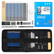 H&B 33pcs Sketch Pencils Set Artists Drawing Kit in Pencil case with Pencil Sharpener Art Supplies for Student Painter Beginner